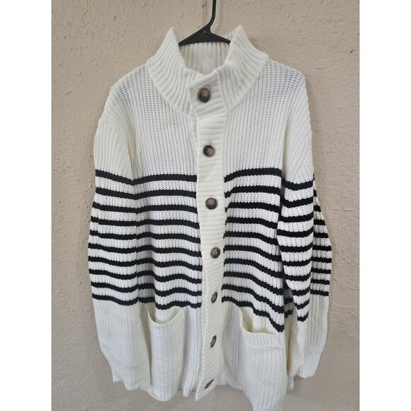 Paul Jones Sweater Men's XL White Black Striped Long Sleeve Ribbed Cardigan - Picture 1 of 5
